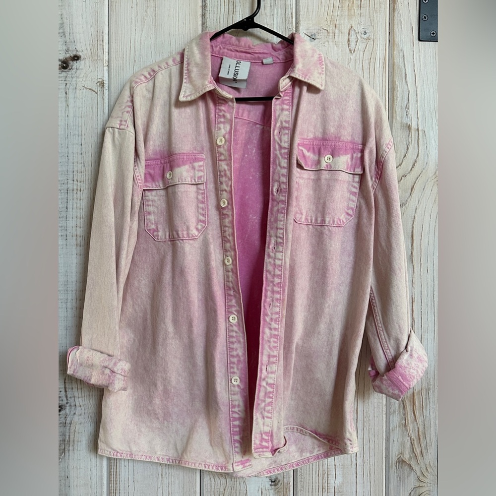 Women's Pink Washed Denim Jean Shirt Jacket